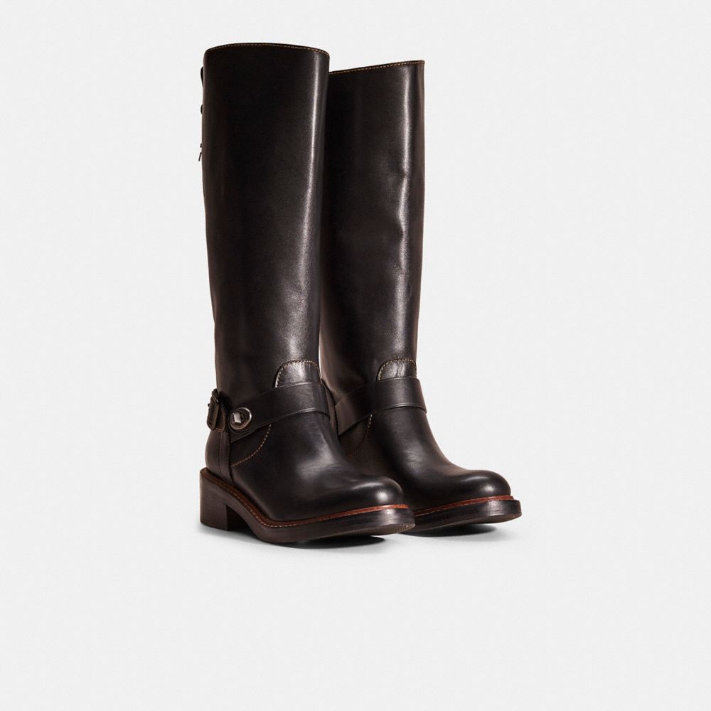 COACH®,Restored Sutton Boot,Leather,Rubber,Riding,Belt,Mixed Metal,Casual,Black,Angle View