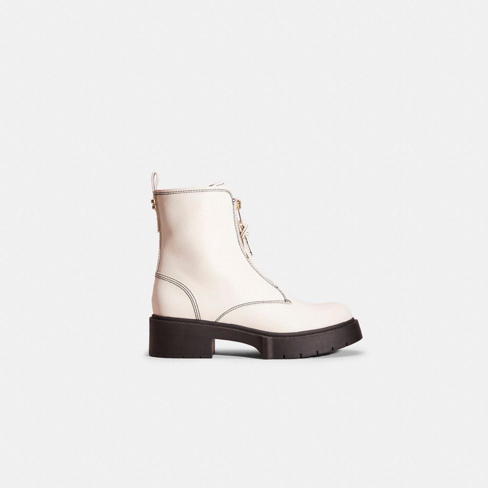 COACH®,Restored Liza Bootie,Leather,Rubber,Bootie,Foam,Logo,Metal,Stitching,Pull Tab,Casual,Cream,Front View