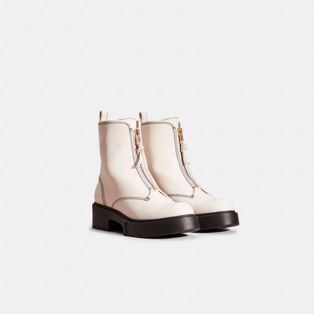 COACH®,Restored Liza Bootie,Leather,Rubber,Bootie,Foam,Logo,Metal,Stitching,Pull Tab,Casual,Cream,Angle View