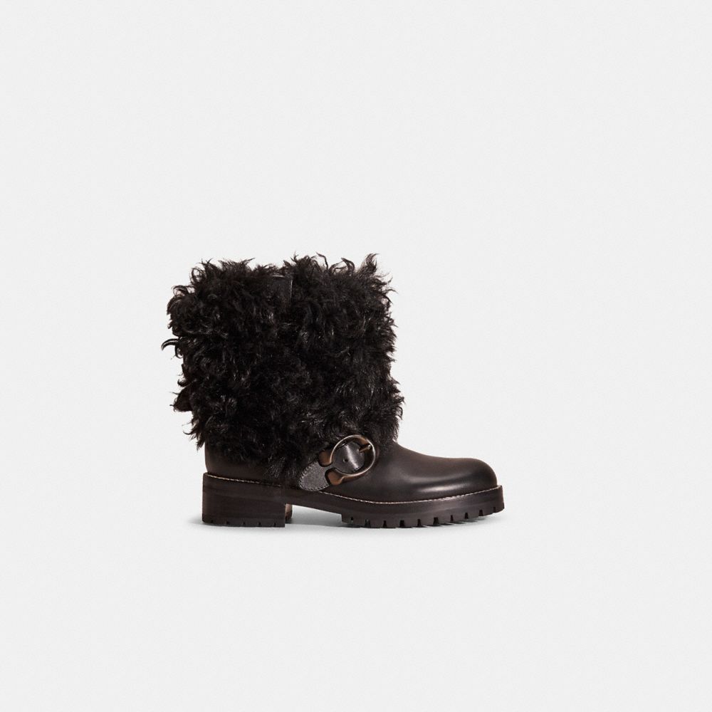 COACH®,Restored Leighton Bootie,Shearling,Leather,Rubber,Bootie,Shearling,Traction,Antique Brass,Outdoor,Black,Front View
