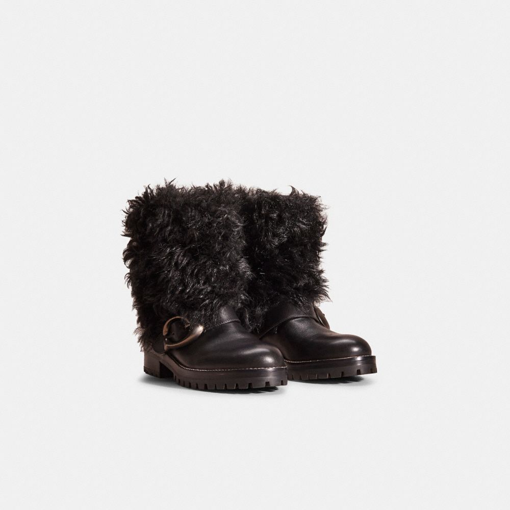 COACH®,Restored Leighton Bootie,Shearling,Leather,Rubber,Bootie,Shearling,Traction,Antique Brass,Outdoor,Black,Angle View