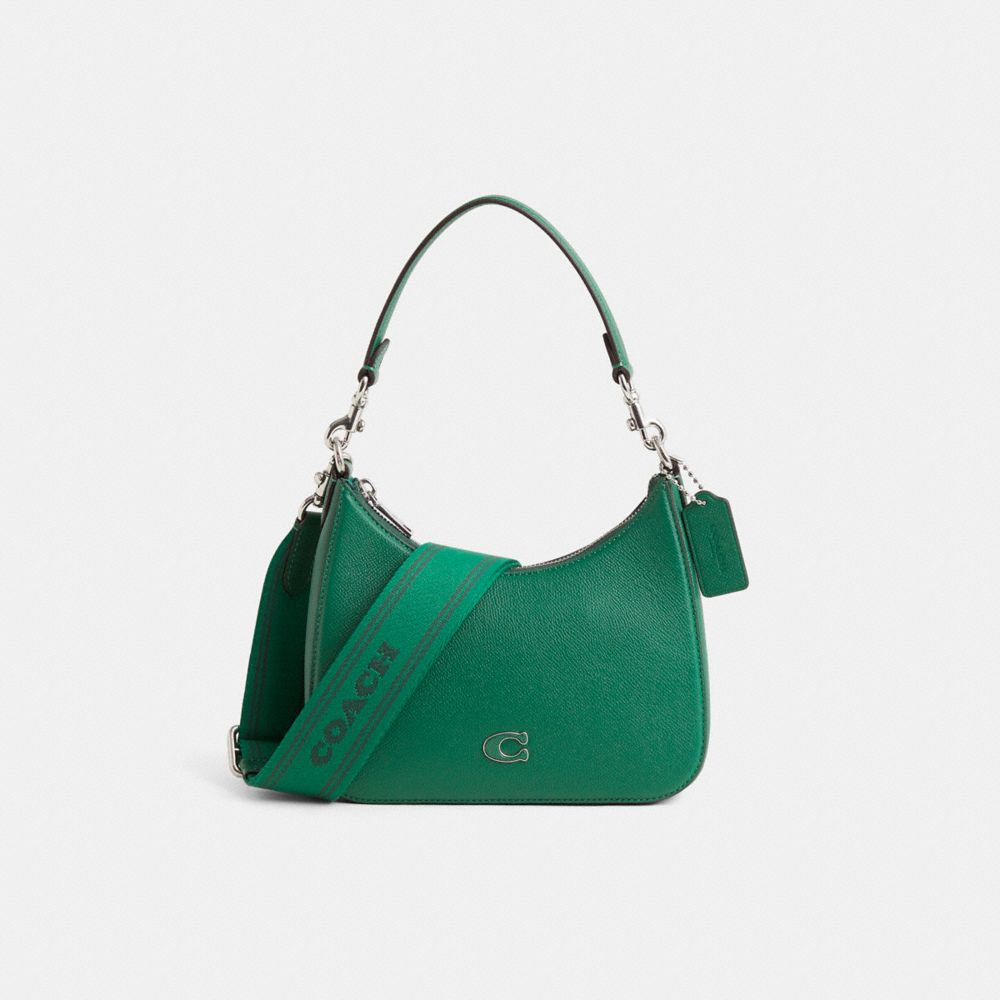 COACH®,Restored Hobo Crossbody With Signature Canvas,Leather,Crossbody,Logo,Metal,Scratch Resistant,Casual,Green,Front View