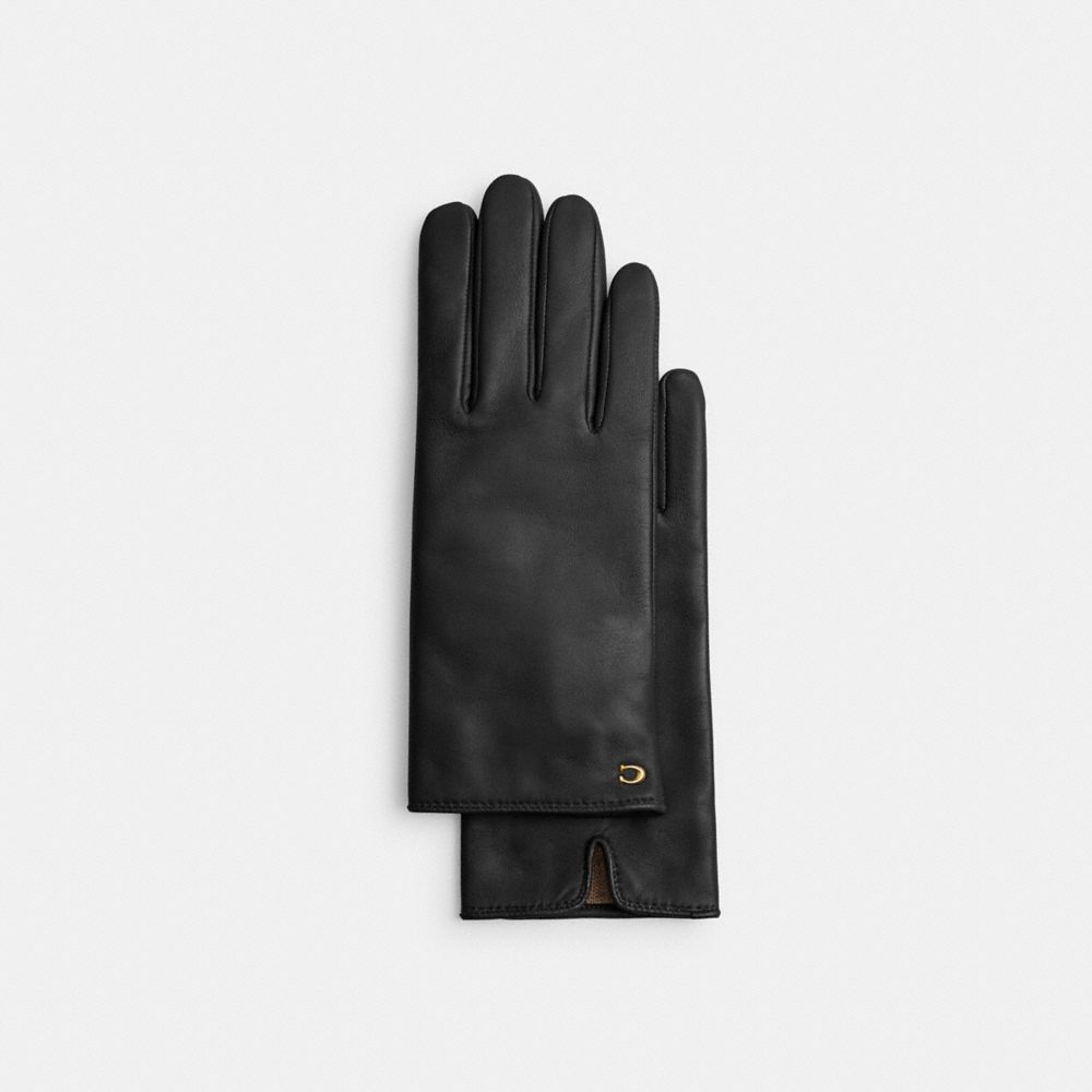 COACH®,Sculpted Signature Leather Tech Gloves,Leather,Logo,Tech Touch,Lined,Casual,Black,Front View