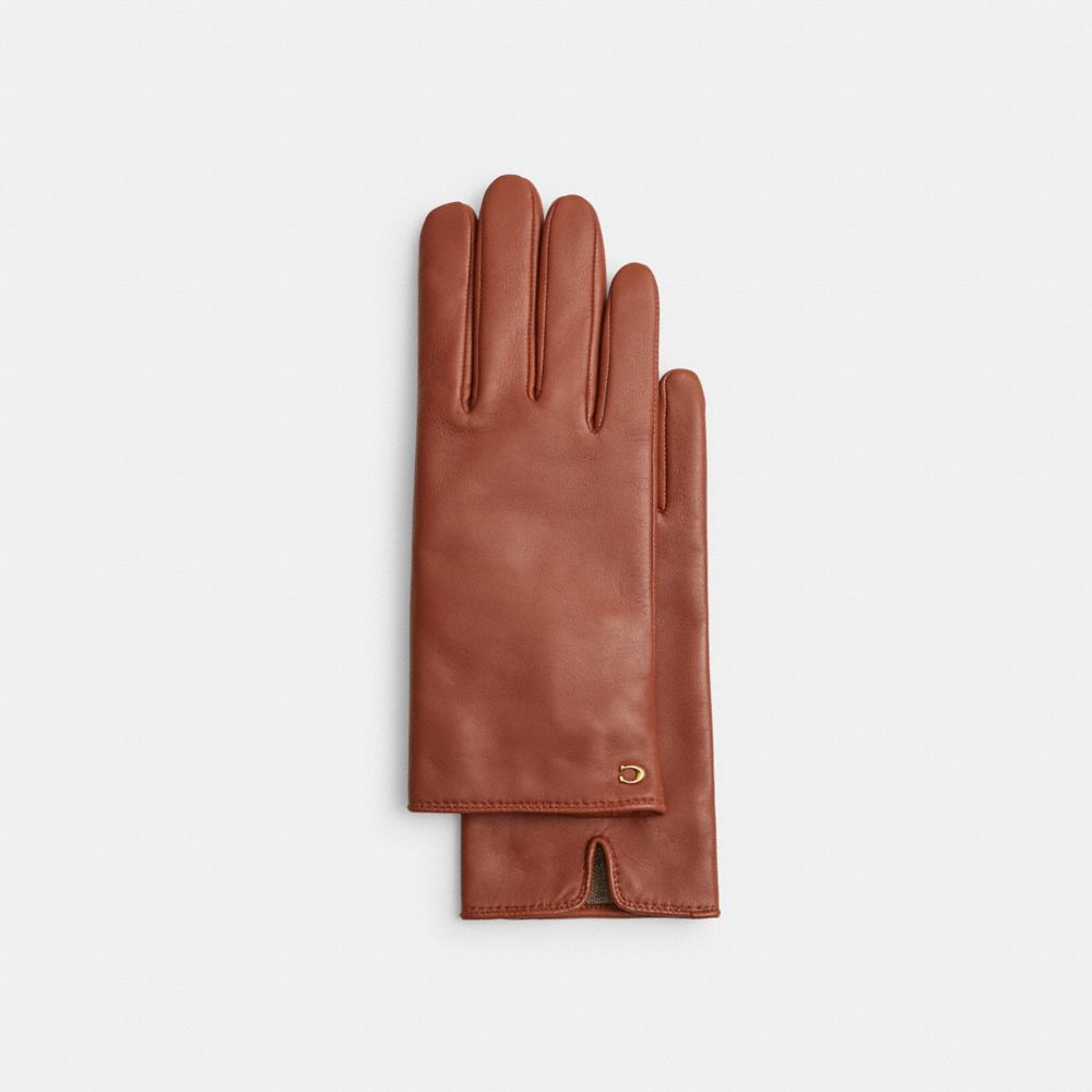 COACH®,Sculpted Signature Leather Tech Gloves,Leather,Logo,Tech Touch,Lined,Casual,Brown,Front View