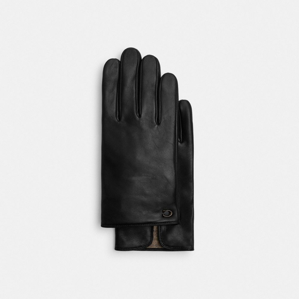 COACH®,Sculpted Signature Leather Tech Gloves,Leather,Classic Gloves,Logo,Metal,Lined,Tech Touch,Casual,Black,Front View