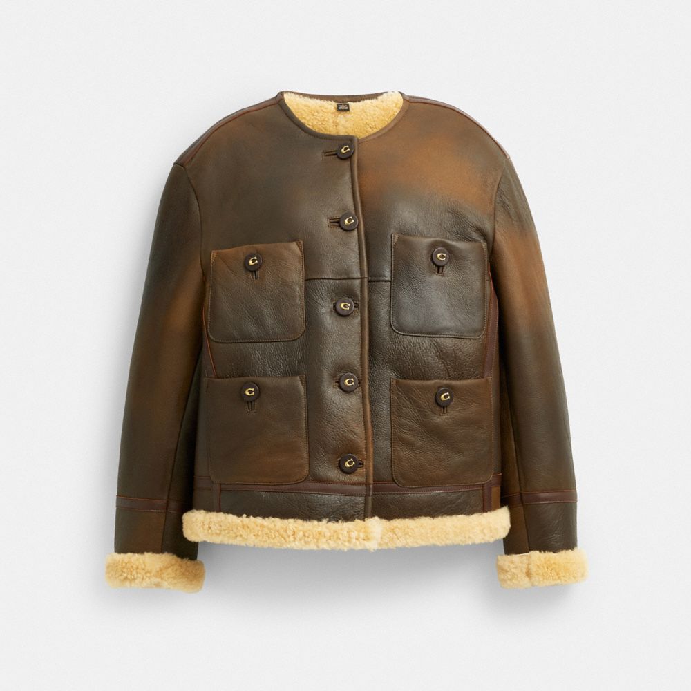 COACH®,Shearling Cardigan Jacket,Shearling,Utility Jacket,Leather,Shearling,Color Block,Shearling,Casual,Brown,Front View