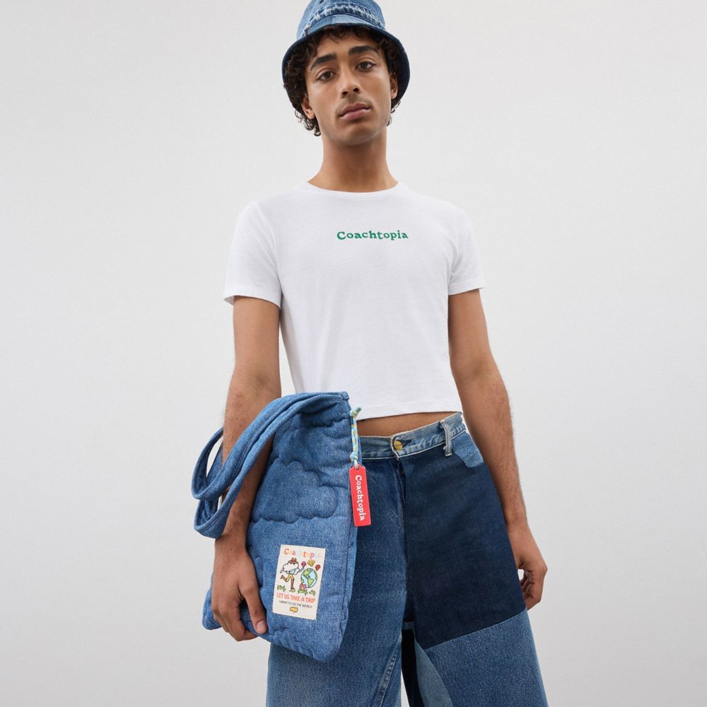 COACH®,Flat Tote With Cloud Quilting,Cotton,Lining Cotton,Tote,Plastic,Tag Embellishment,Casual,Blue,Detail View