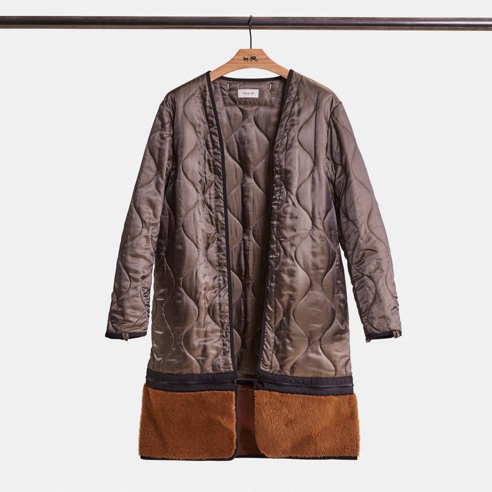 COACH®,Restored Shearling Convertible Parka,Cotton,Viscose,Shearling,Polyester,Leather,Parka,Zipper,Color Block,Drawstring...,Brown,Angle View