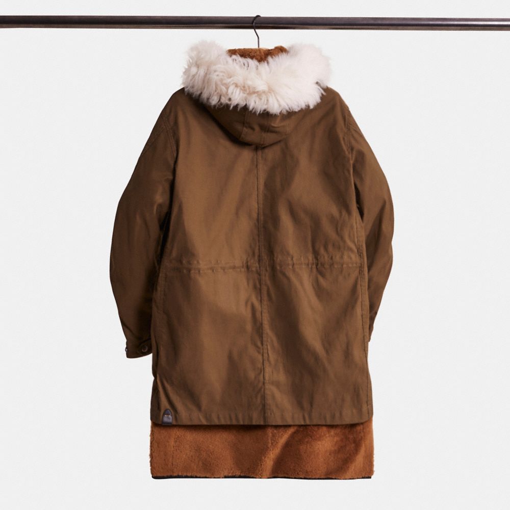 COACH®,Restored Shearling Convertible Parka,Cotton,Viscose,Shearling,Polyester,Leather,Parka,Zipper,Color Block,Drawstring...,Brown,Back View