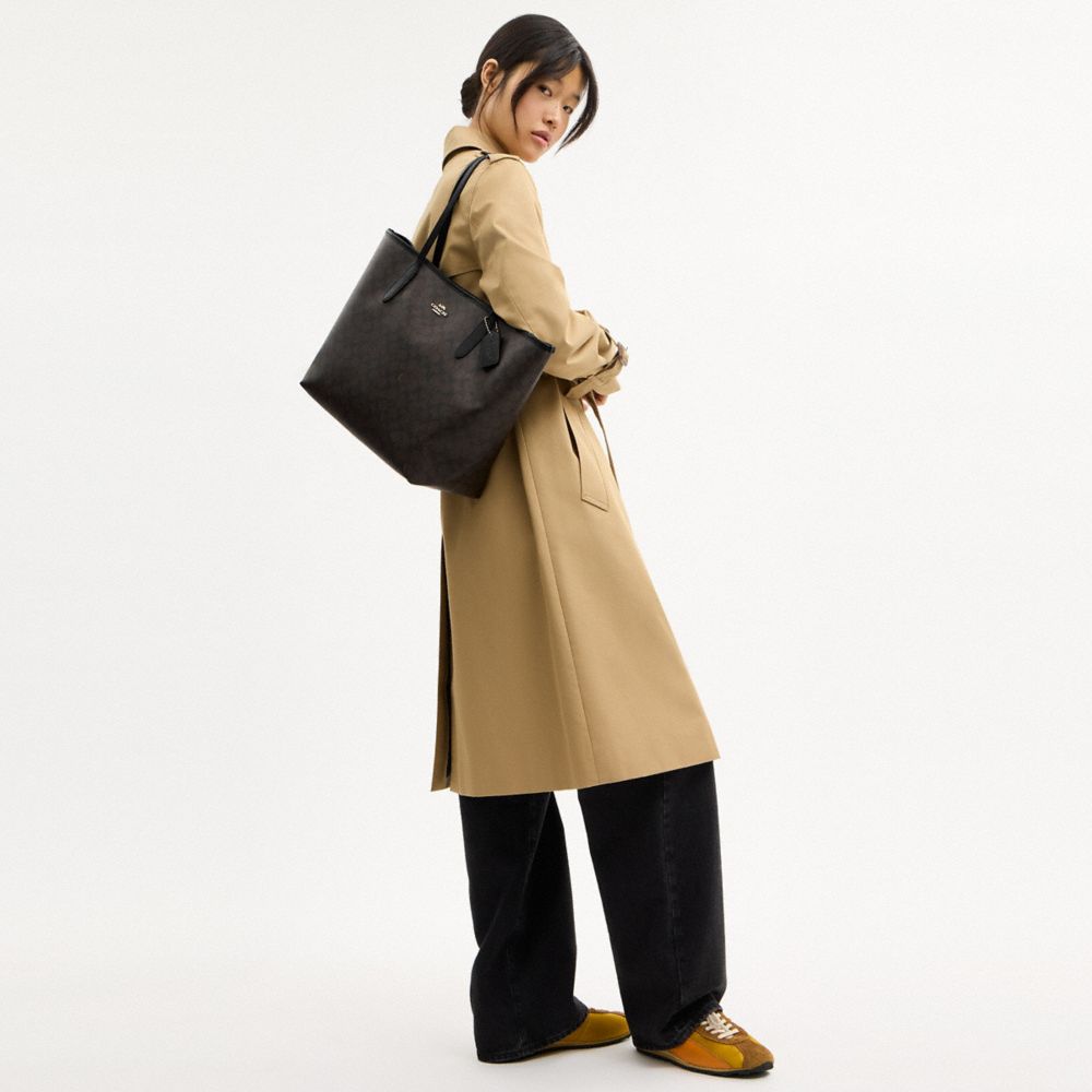 COACH®,City Tote In Signature Canvas,Tote,Color Block,Embossed,Metal,Tag Embellishment,Piping,Logo,Casual,Multi Color,Detail View