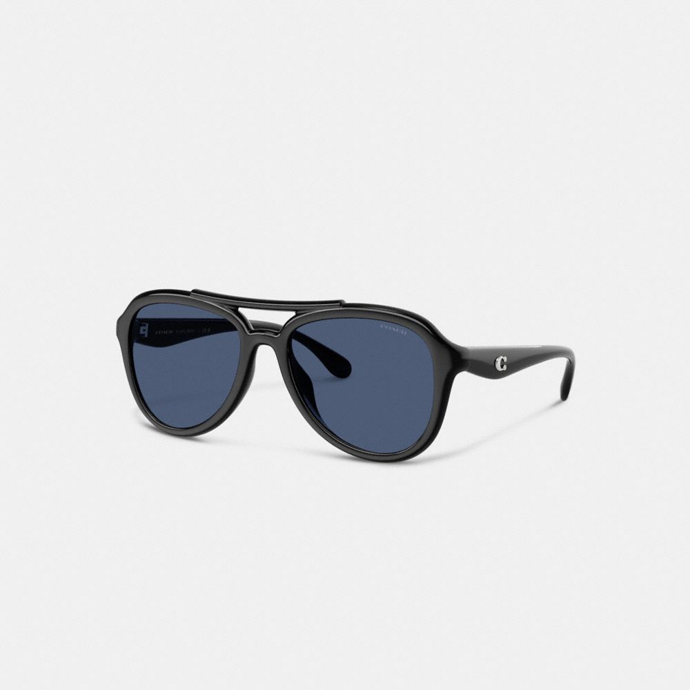 COACH®,C Hardware Pilot Sunglasses,Aviator,Logo,Metal,Word Embellishment,Integrated Nose Pads,Brow Bar,Casual,Navy,Front View