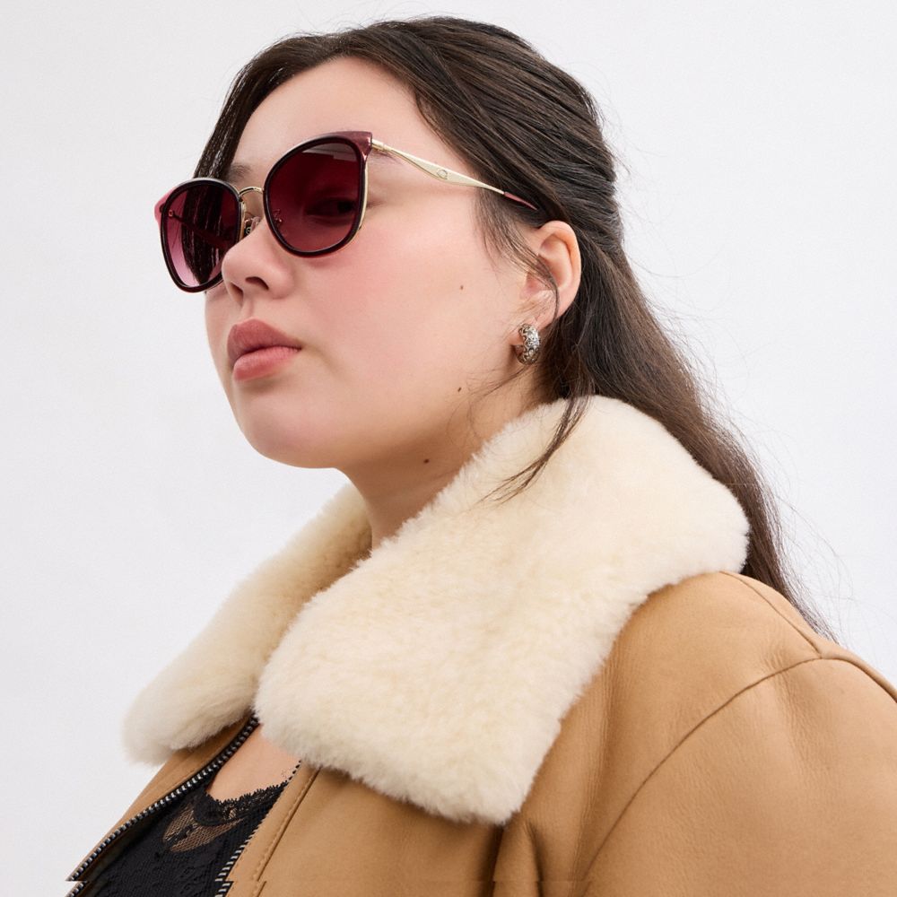 COACH®,C Hardware Cat Eye Sunglasses,Cat Eye,Logo,Word Embellishment,Metal,Integrated Nose Pads,Casual,Maroon,Angle View