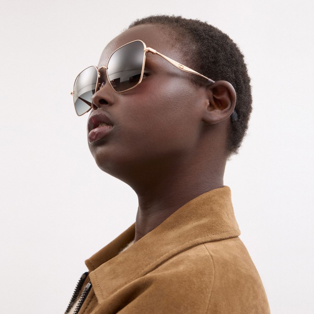 COACH®,C Hardware Metal Oversized Square Sunglasses,Square,Metal Material,Logo,Word Embellishment,Integrated Nose Pads,Adj...,Gray,Angle View