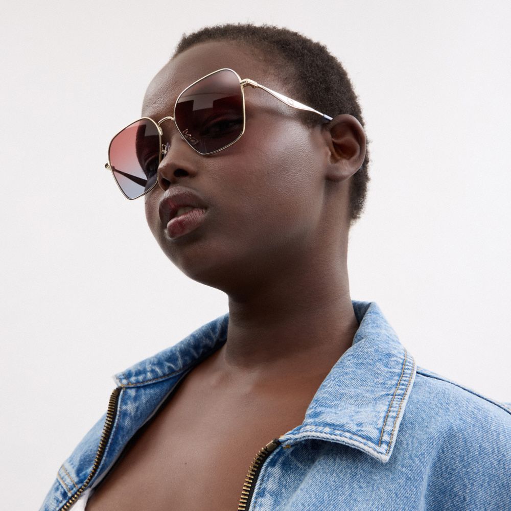 COACH®,C Hardware Metal Oversized Square Sunglasses,Square,Metal Material,Logo,Word Embellishment,Integrated Nose Pads,Adj...,Multi Color,Angle View
