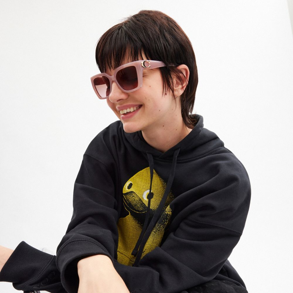 COACH®,Maxi Sculpted C Square Cat Eye Sunglasses,Cat Eye,Word Embellishment,Metal,Logo,Integrated Nose Pads,Casual,Brown,Angle View