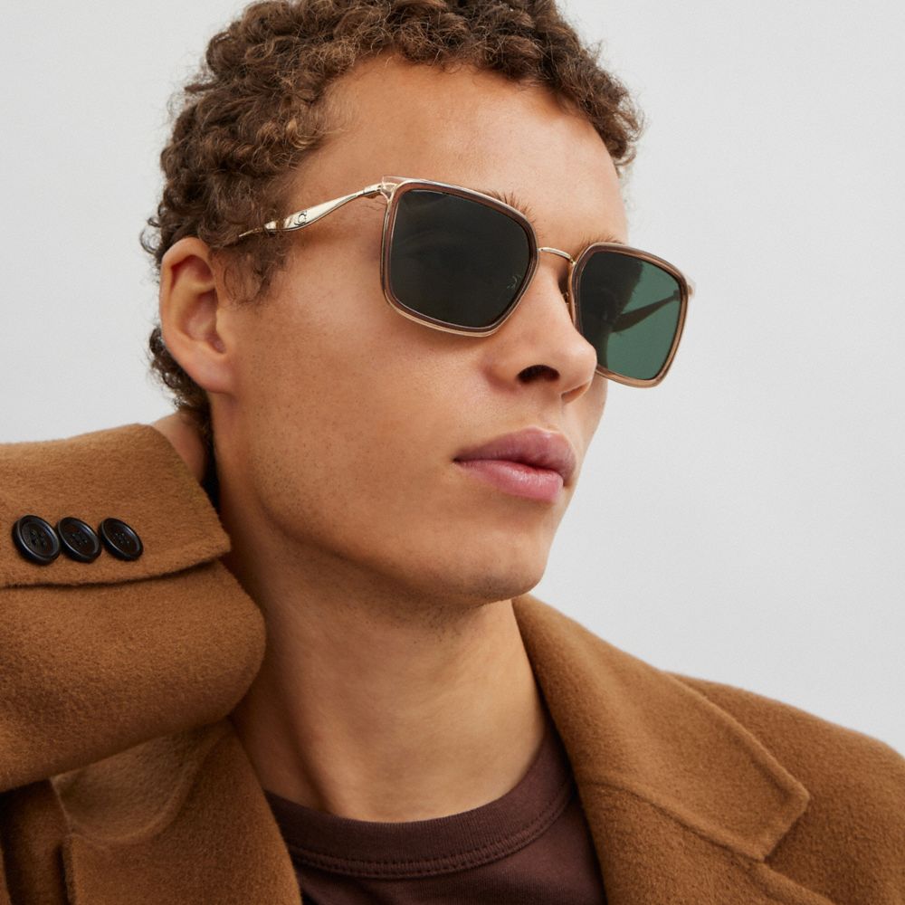 COACH®,C Hardware Metal Square Sunglasses,Square,Metal Material,Word Embellishment,Logo,Integrated Nose Pads,Casual,Green,Angle View