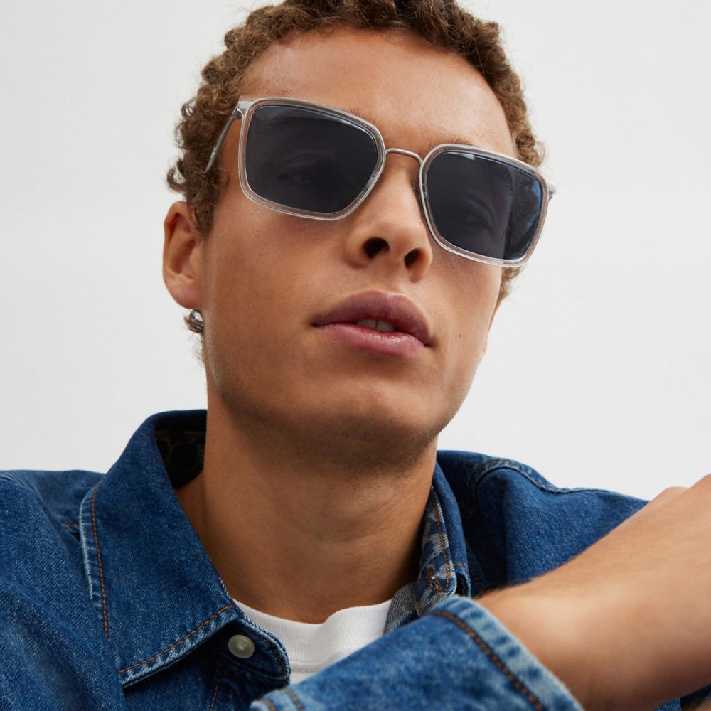 COACH®,C Hardware Metal Square Sunglasses,Square,Metal Material,Word Embellishment,Logo,Integrated Nose Pads,Casual,Blue,Angle View