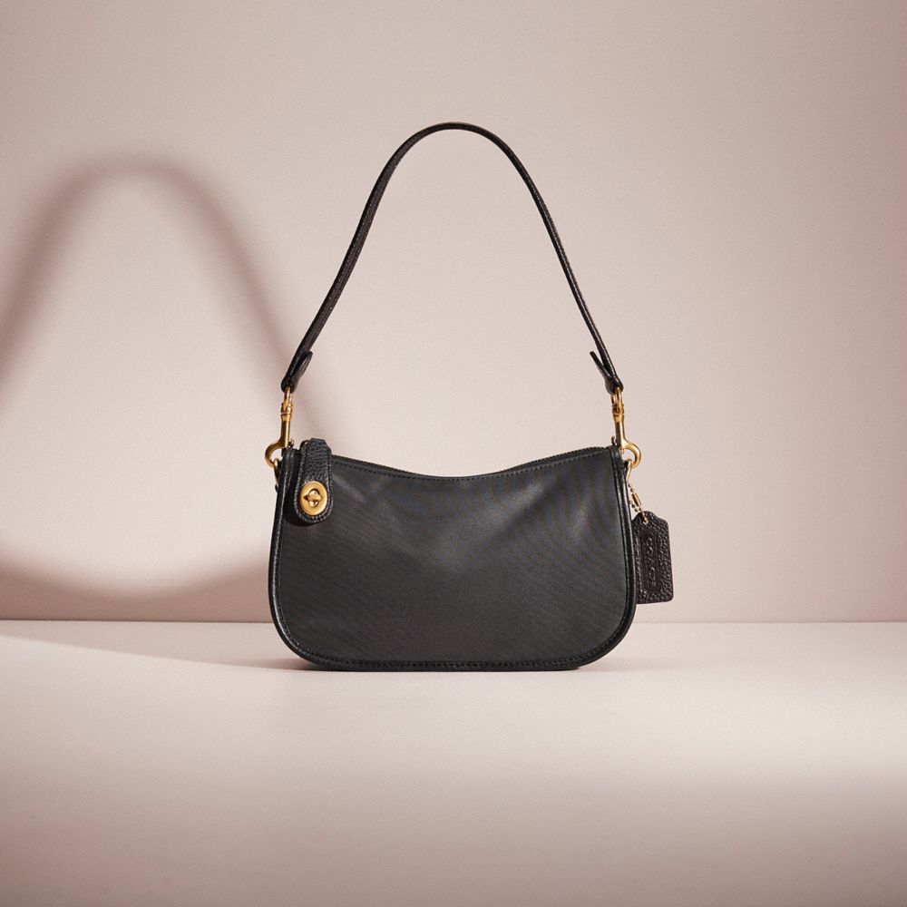 COACH®,Restored Swinger Bag With Vintage Rose Print Interior,Nylon,Shoulder Bag,Logo,Embossed,Brass,Casual,Black,Front View