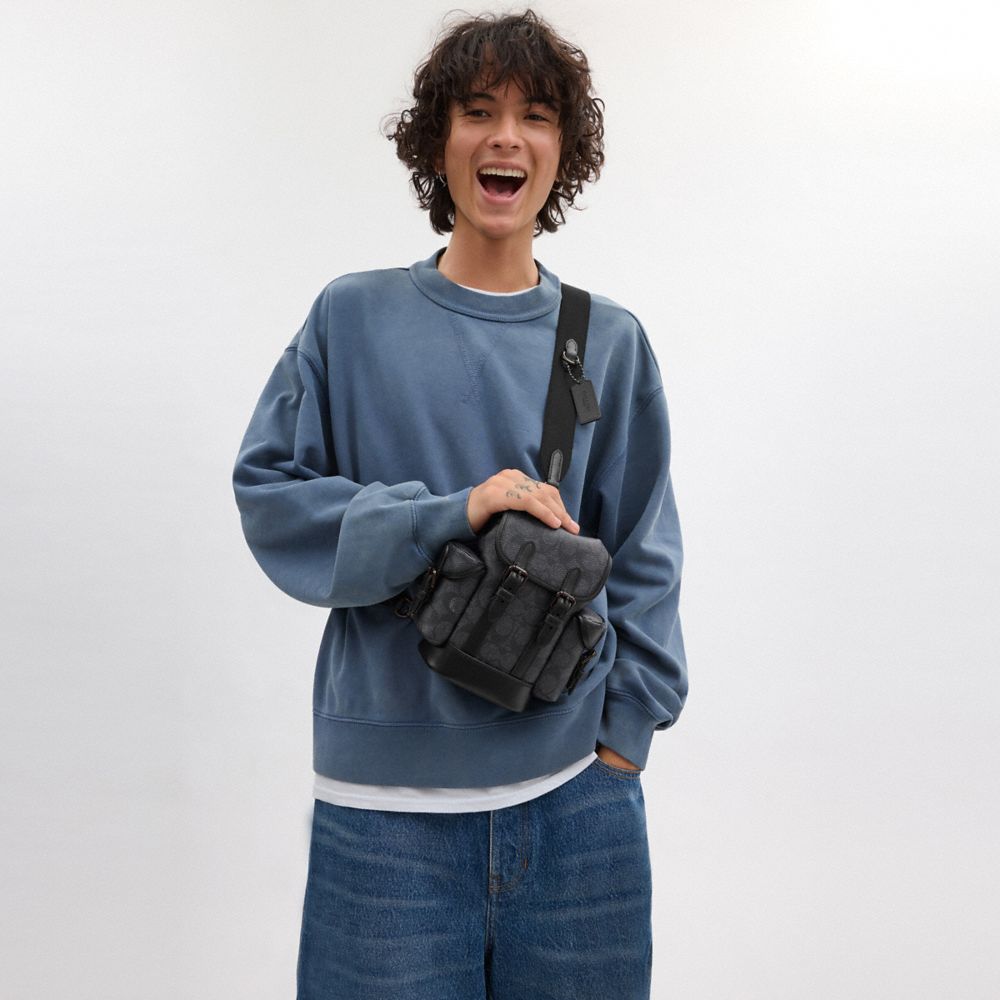 COACH®,Hitch Backpack 13 In Signature Canvas,Slingback,Color Block,Convertible,Casual,Black,Gray,Detail View