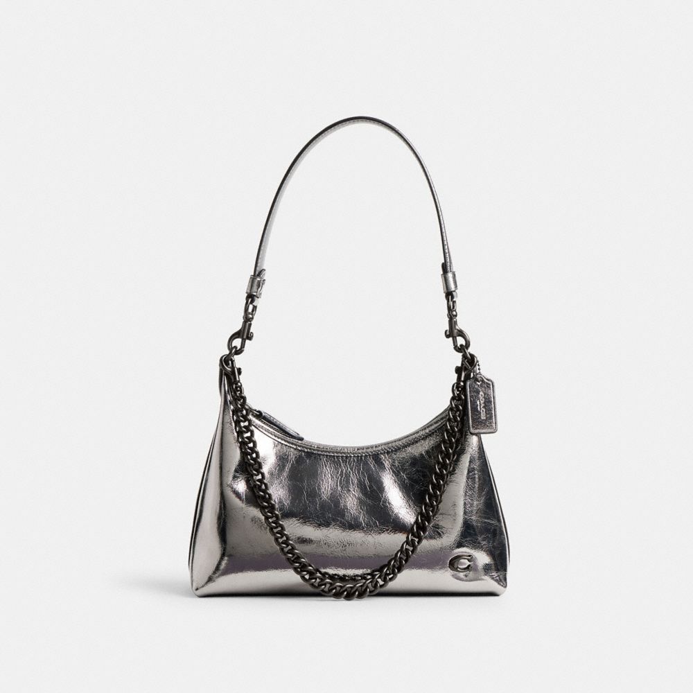 COACH®,Juliet Shoulder Bag 25,Leather,Hobo,Logo,Chain Detail,Metal,Lined,Compact,Silver Metal,Party,Day Party,Casual,Metallic,Front View