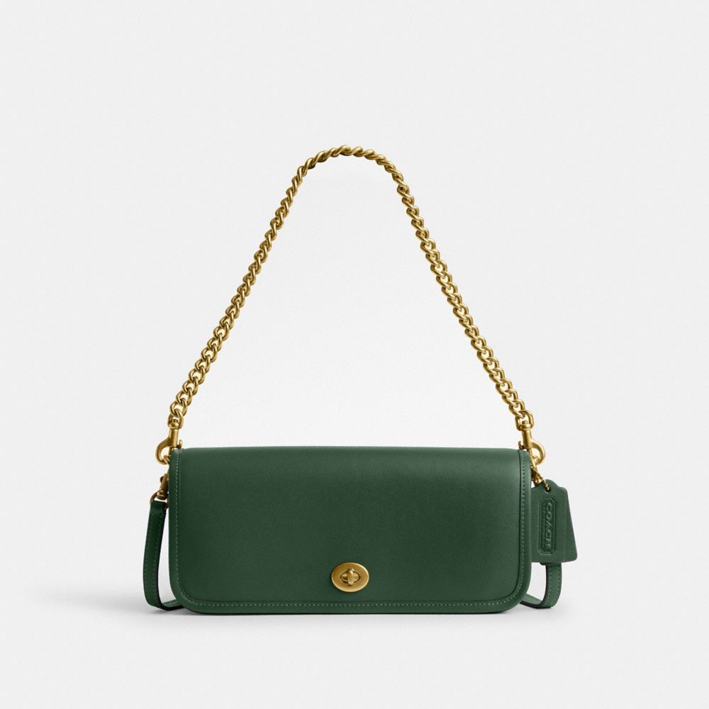 COACH®,Dinky Bag,Leather,Shoulder Bag,Logo,Pen Holder,Gold Metal,Day Party,Casual,Emerald,Front View