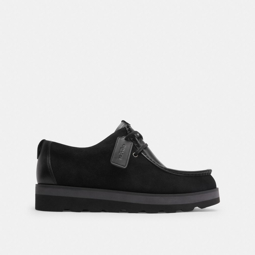 COACH®,Scott Apron Toe Boot,Chukka,Color Block,Logo,Business Casual,Black,Angle View