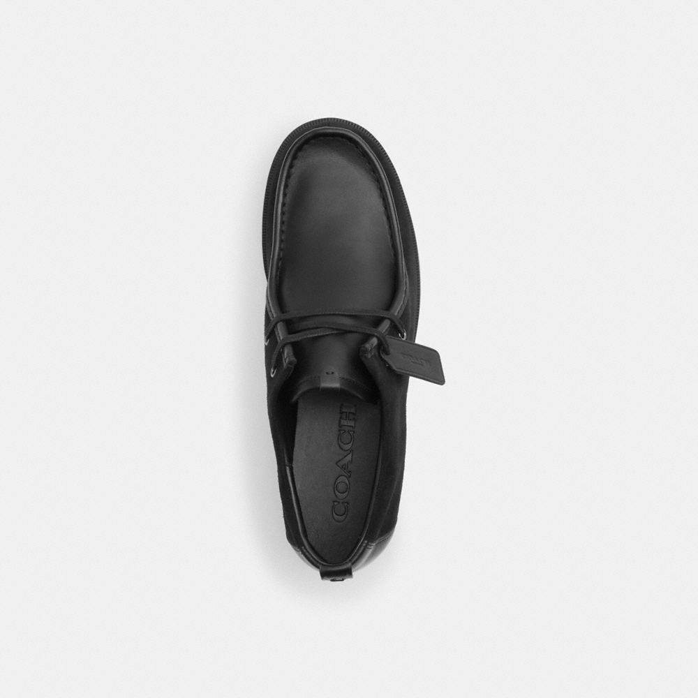 COACH®,Scott Apron Toe Boot,Chukka,Color Block,Logo,Business Casual,Black,Inside View,Top View