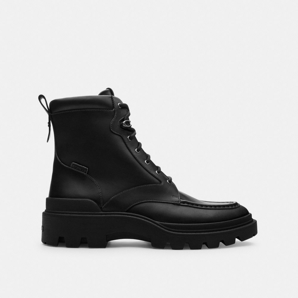 COACH®,Connor Boot,Rubber,Leather,Combat,Boots,Traction,Pull Tab,Casual,Black,Angle View