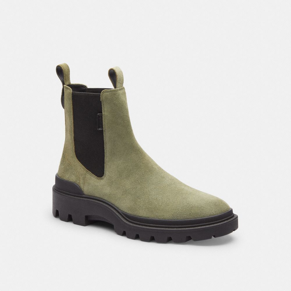 COACH®,Colson Boot,Suede,Rubber,Chelsea Boots,Pull Tab,Casual,Olive,Front View