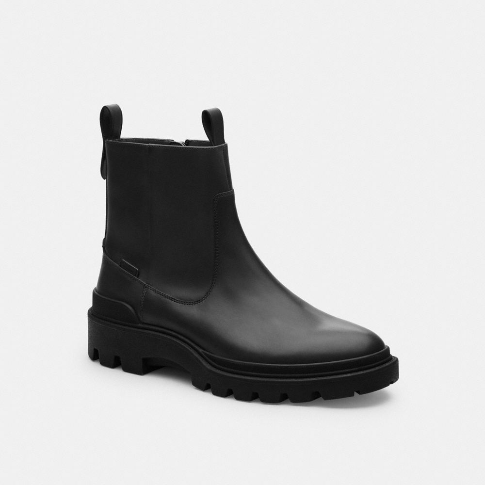 COACH®,Caiden Boot,Rubber,Bootie,Traction,Pull Tab,Casual,Black,Front View