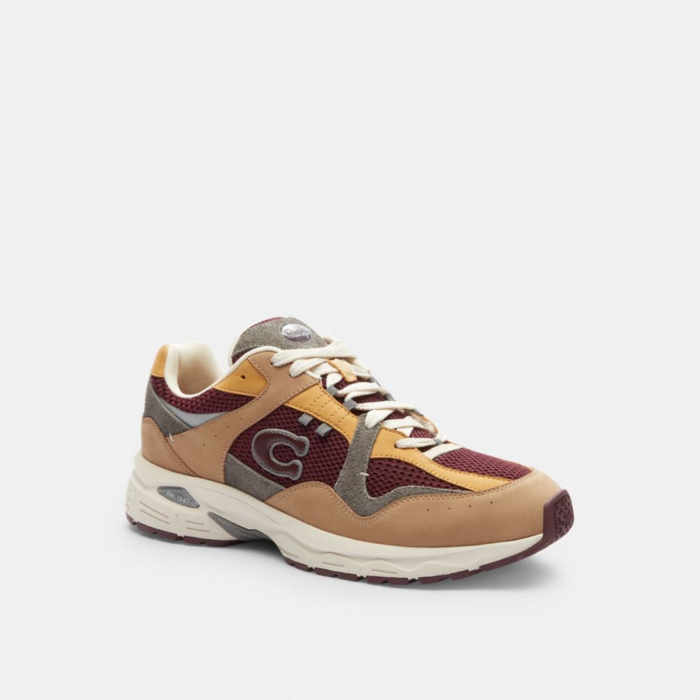 COACH®,C301 Sneaker,Rubber,Mesh,Activewear,Mixed Media,Color Block,Perforated,Traction,Running,Brown,Front View