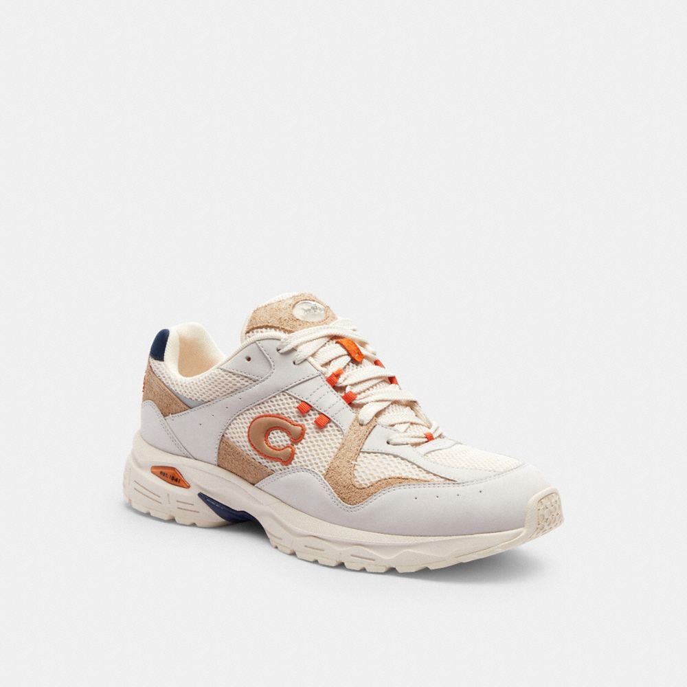 COACH®,C301 Sneaker,Rubber,Mesh,Activewear,Mixed Media,Color Block,Perforated,Traction,Running,Cream,Front View