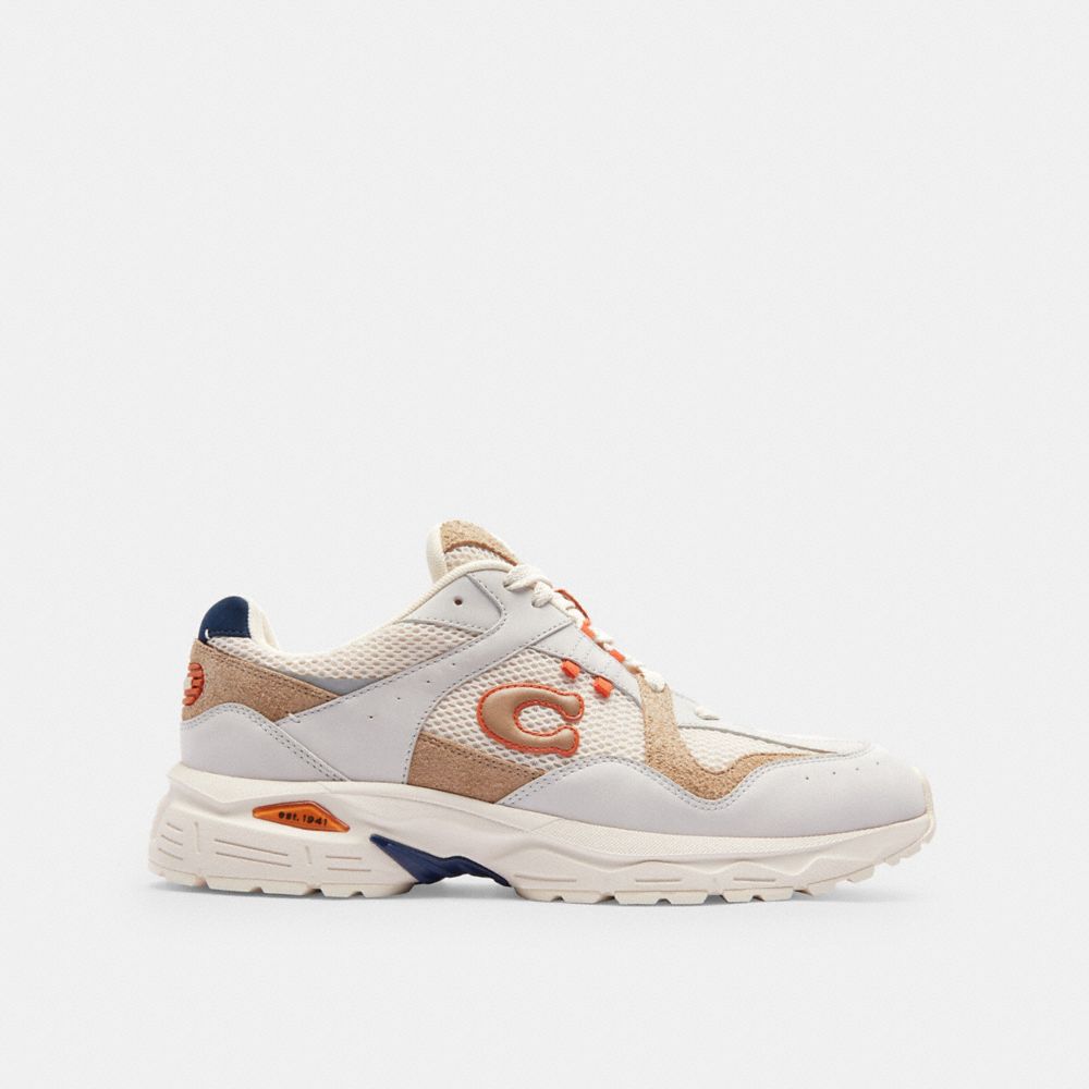 COACH®,C301 Sneaker,Rubber,Mesh,Activewear,Mixed Media,Color Block,Perforated,Traction,Running,Cream,Angle View