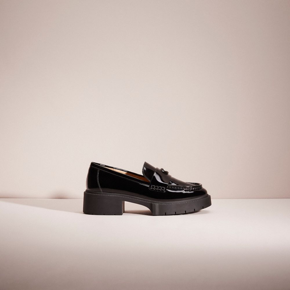 COACH®,Restored Leah Loafer,Leather,Memory Foam,Lining Leather,Rubber,Loafer,Logo,Metal,Penny Loafer,Side Vents,Casual,Black,Front View