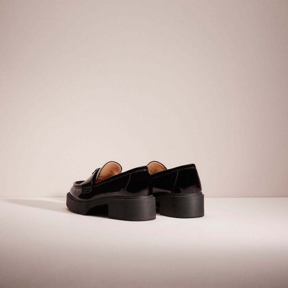 COACH®,Restored Leah Loafer,Leather,Memory Foam,Lining Leather,Rubber,Loafer,Logo,Metal,Penny Loafer,Side Vents,Casual,Black,Back View