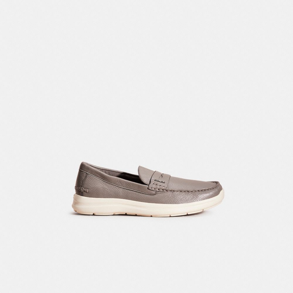 COACH®,Restored Hybrid Driver,Leather,Rubber,Casual,Logo,Metal,Penny Loafer,Business Casual,Gray,Front View