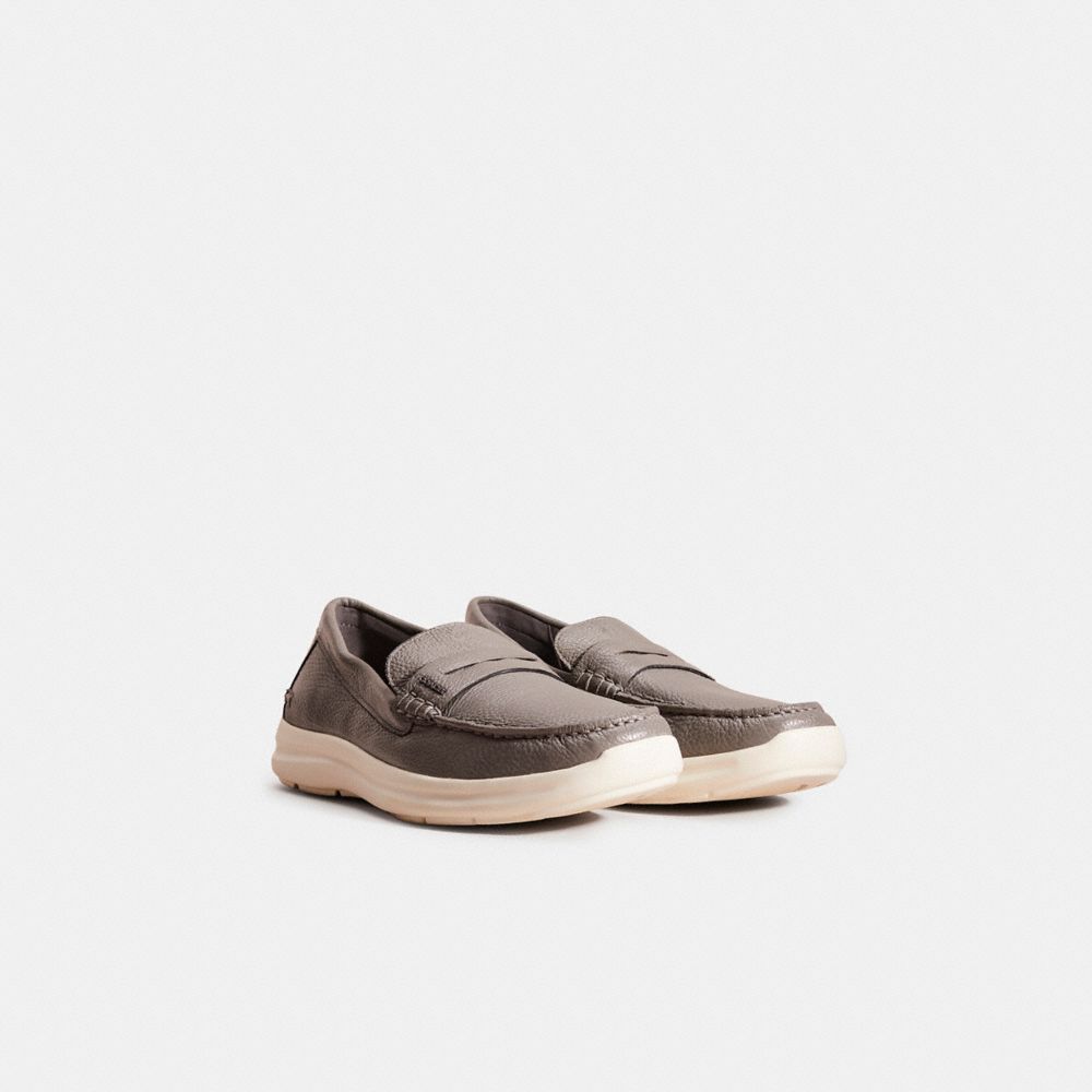 COACH®,Restored Hybrid Driver,Leather,Rubber,Casual,Logo,Metal,Penny Loafer,Business Casual,Gray,Angle View