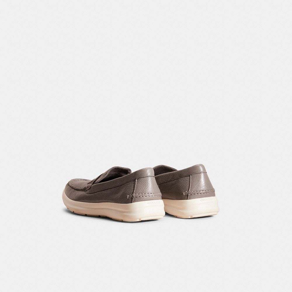 COACH®,Restored Hybrid Driver,Leather,Rubber,Casual,Logo,Metal,Penny Loafer,Business Casual,Gray,Back View