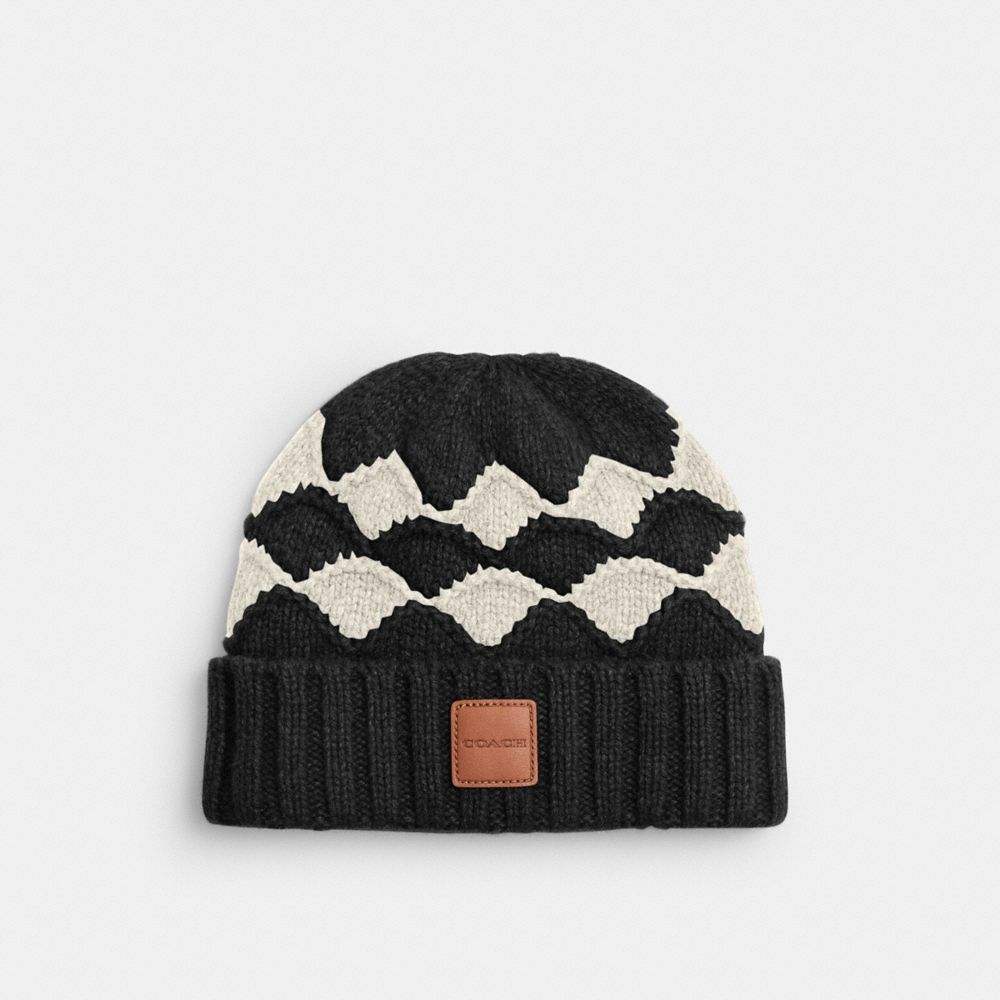 COACH®,Bobble Stripe Beanie,Wool,Beanie,Logo,Insulated,Casual,Black