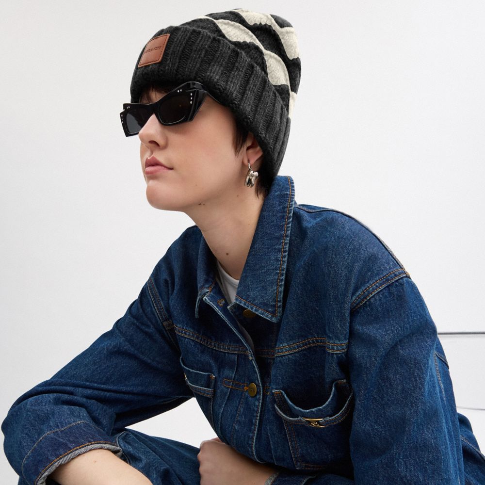 COACH®,Bobble Stripe Beanie,Wool,Beanie,Logo,Insulated,Casual,Black,Detail View
