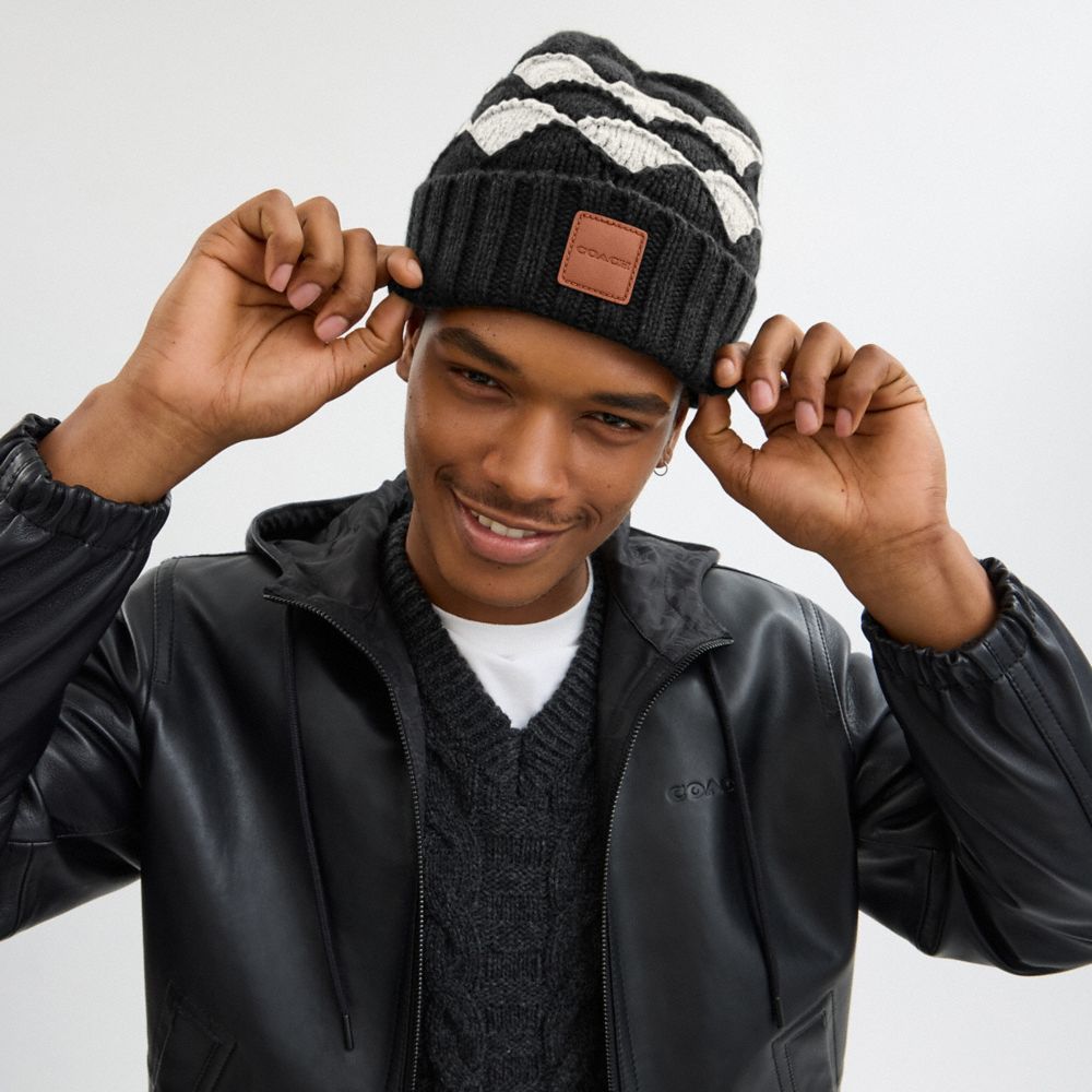 COACH®,Bobble Stripe Beanie,Wool,Beanie,Logo,Insulated,Casual,Black,Angle View