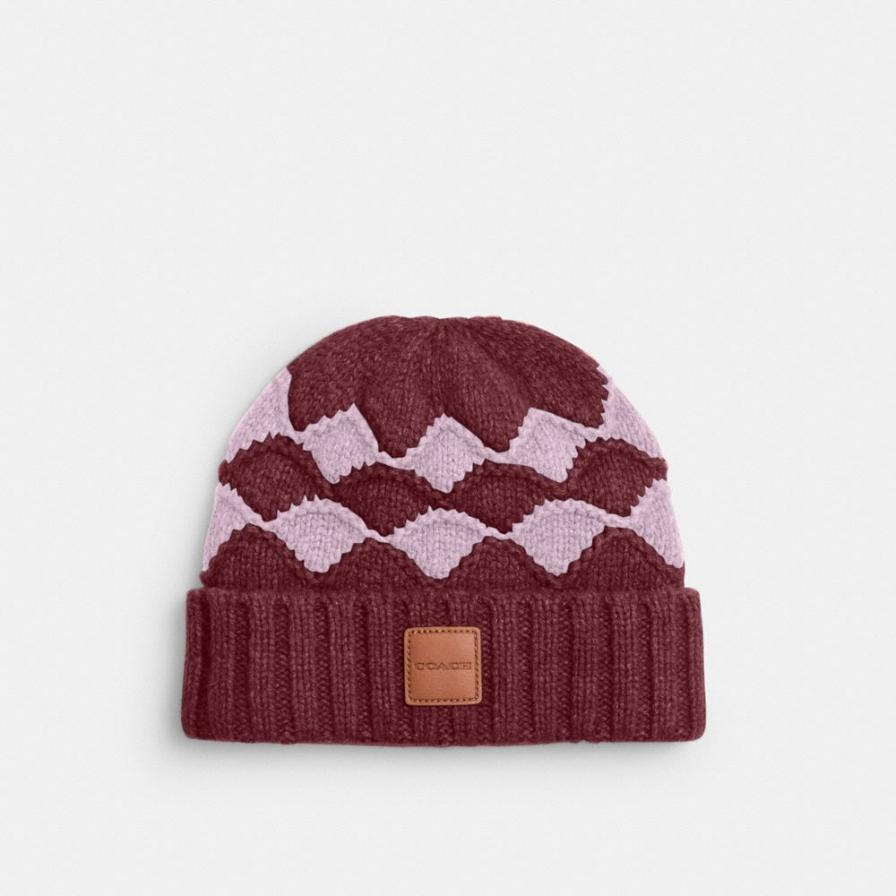 COACH®,Bobble Stripe Beanie,Wool,Beanie,Logo,Insulated,Casual,Maroon