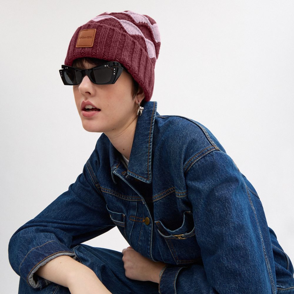 COACH®,Bobble Stripe Beanie,Wool,Beanie,Logo,Insulated,Casual,Maroon,Detail View