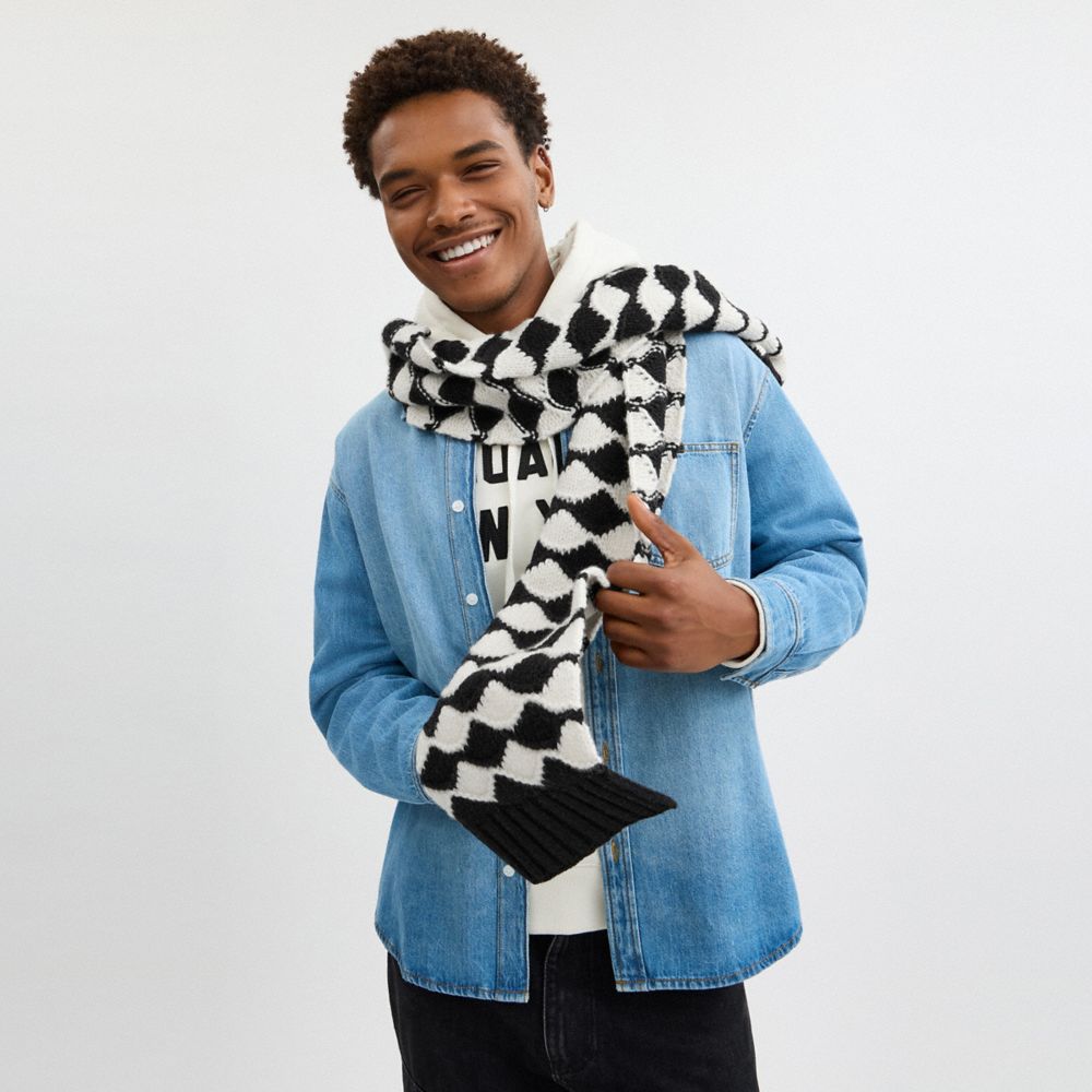 COACH®,Bobble Stripe Muffler,Nylon,Lambskin,Rectangle,Applique,Logo,Casual,Multi Color,Detail View