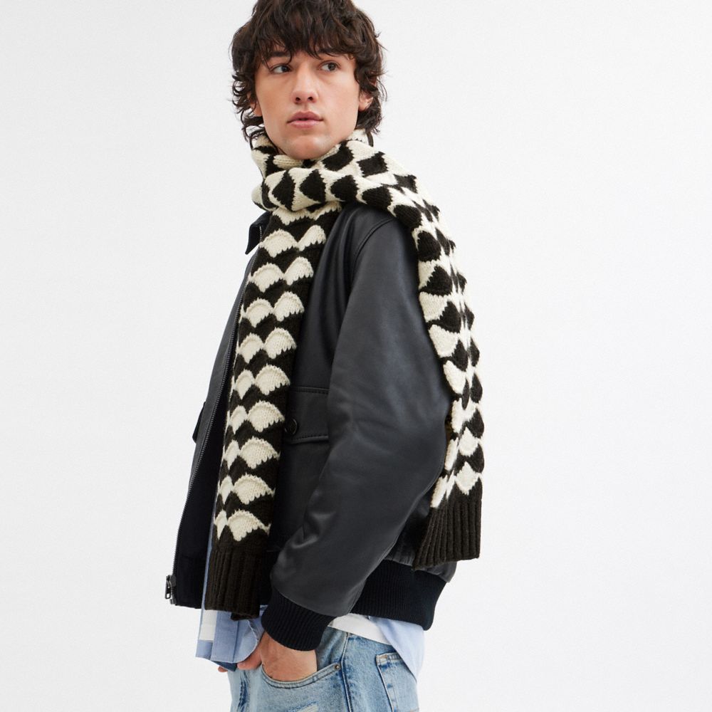 COACH®,Bobble Stripe Muffler,Nylon,Lambskin,Rectangle,Applique,Logo,Casual,Multi Color,Angle View
