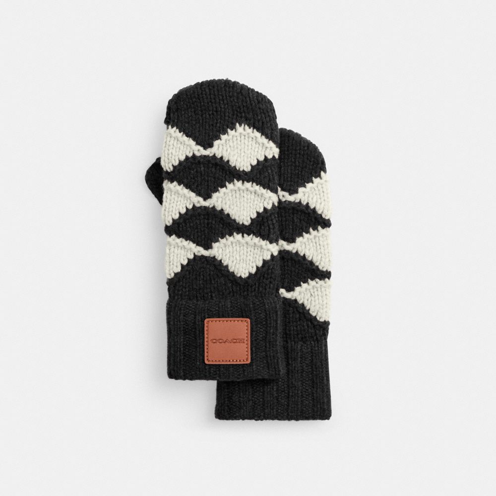 COACH®,Bobble Stripe Mittens,Wool,Mittens,Logo,Casual,Black,Front View