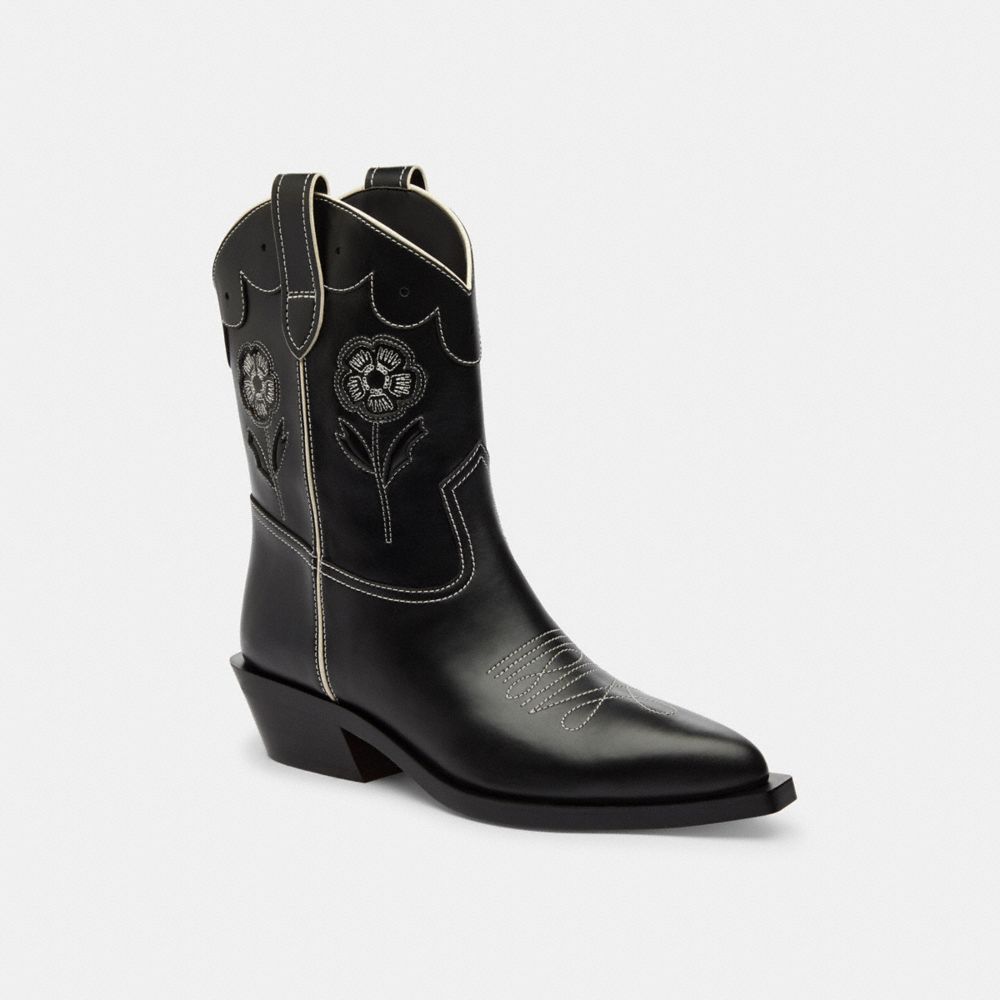 COACH®,Aria Cowboy Boot,Rubber,Leather,Western,Piping,Scallop,Notched Embellishment,Stitching,Pull Tab,Traction,Day Party,...,Black,Front View