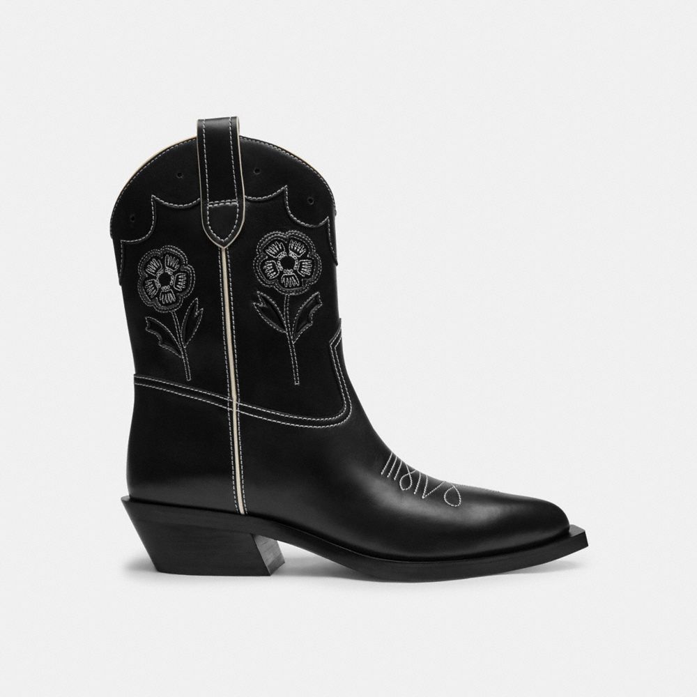 COACH®,Aria Cowboy Boot,Rubber,Leather,Western,Piping,Scallop,Notched Embellishment,Stitching,Pull Tab,Traction,Day Party,...,Black,Angle View