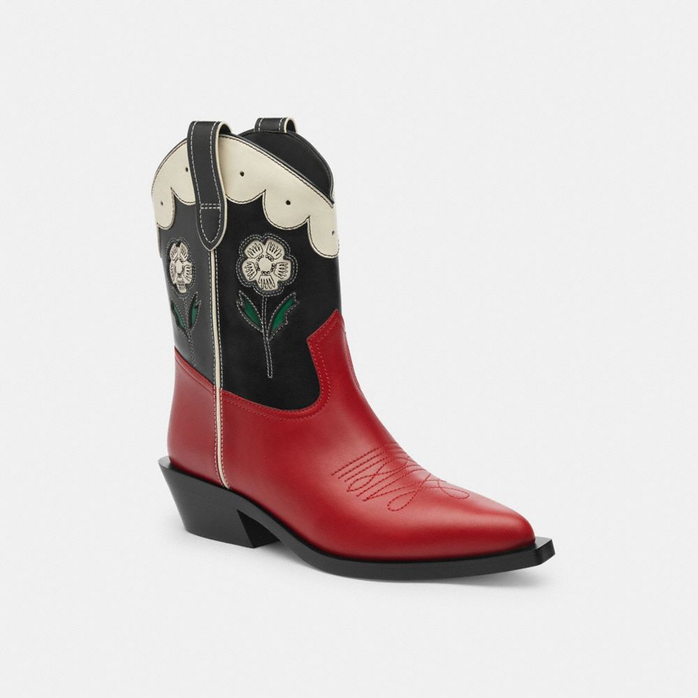 COACH®,Aria Cowboy Boot,Leather,Rubber,Western,Perforated,Notched Embellishment,Piping,Scallop,Stitching,Color Block,Tract...,Multi Color,Front View