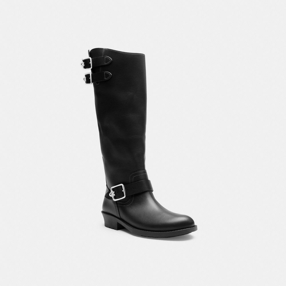 COACH®,Daria Moto Boot,Rubber,Leather,Riding,Boots,Pull Tab,Traction,Casual,Black,Front View